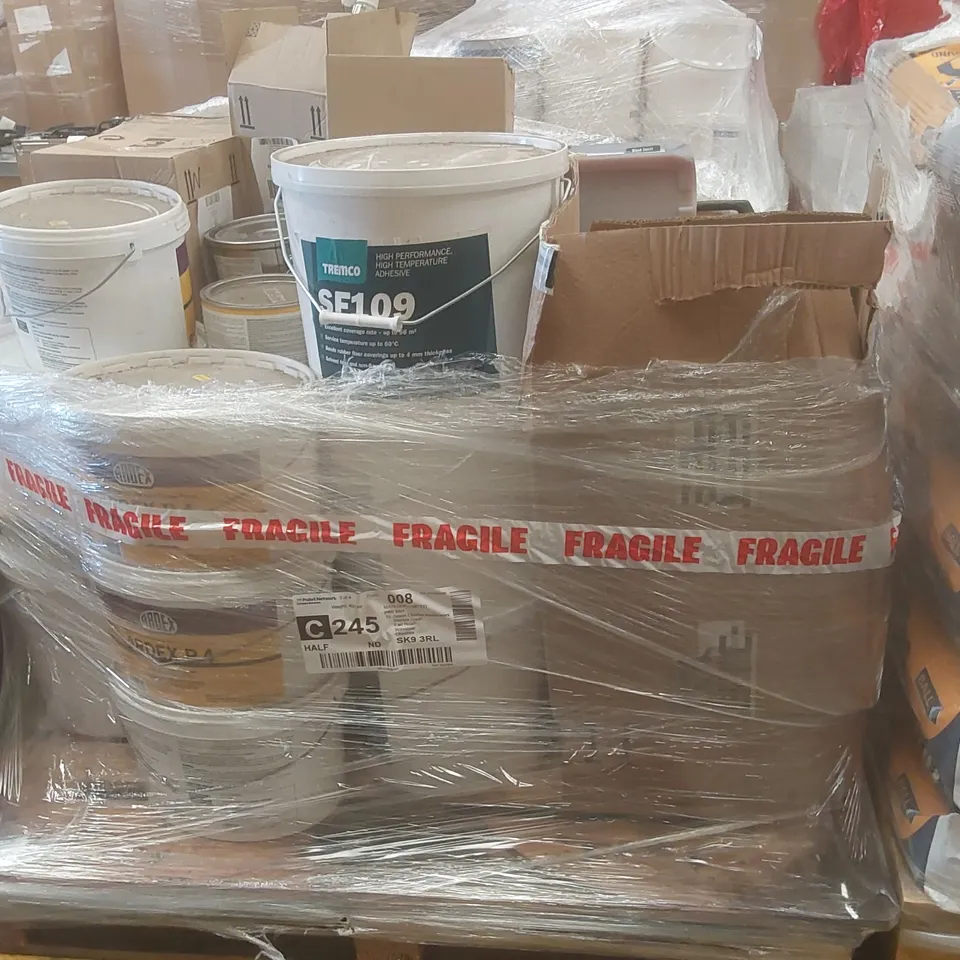 PALLET CONTAINING A VERY LARGE QUANTITY OF ASSORTED BUILDING SUPPLIES INCLUDING: HIGH TEMPERATURE ADHESIVE, READY MIXED RAPID DRYING MULTI-PURPOSE PRIMER, OIL REFRESHING SOAP, WOCA MASTER FLOOR OIL EC