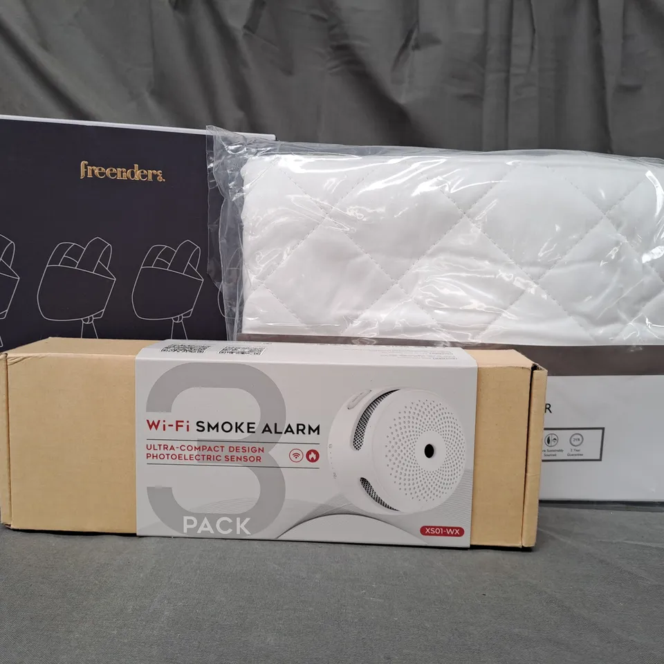 BOX OF APPROXIMATELY 20 ASSORTED HOUSEHOLD ITEMS TO INCLUDE WIFI SMOKE ALARM, COTTON QUILTED PILLOW PROTECTOR, BABY SLING, ETC