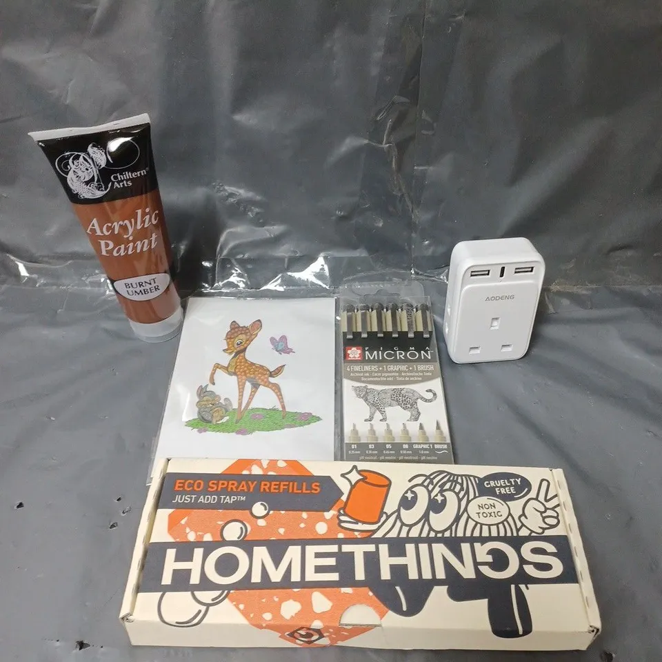 BOX OF APPROXIMATELY 15 ASSORTED HOUSEHOLD ITEMS TO INCLUDE FINE LINER PENS, ACRYLIC PAINT AND ECO SPRAY REFILLS