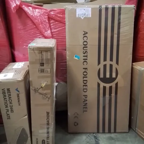 PALLET OF ASSORTED HOUSEHOLD GOODS AND PRODUCTS TO INCLUDE; ACOUSTIC FOLDED PANEL,WAIST TRAINING,MACHINE,VIBRATION PLATE