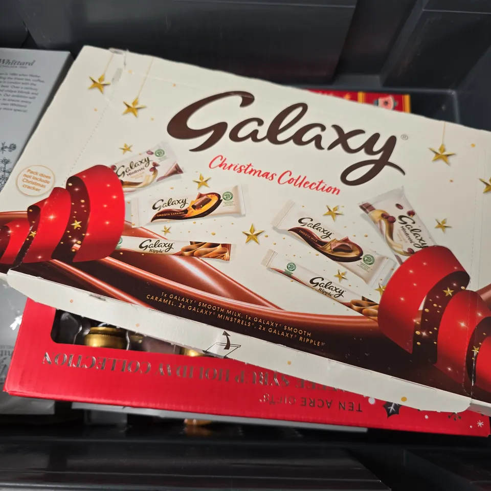 APPROXIMATELY 9 ASSORTED FOOD & DRINK ITEMS TO INCLUDE GALAXY CHRISTMAS COLLECTION, RHEAL BALANCE TONIC, HERSHEYS CHOCOLATE, ETC - COLLECTION ONLY