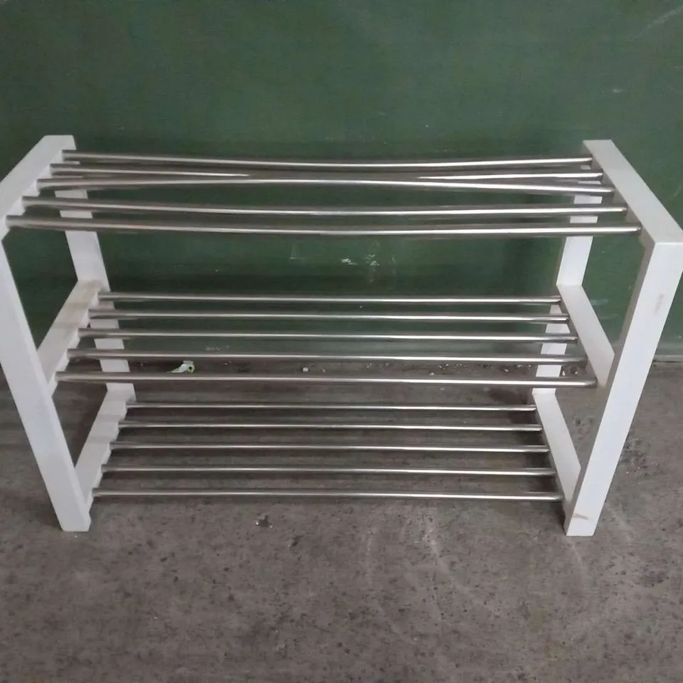 TWO DESIGNER WHITE AND CHROME THREE TIER SHOE RACKS