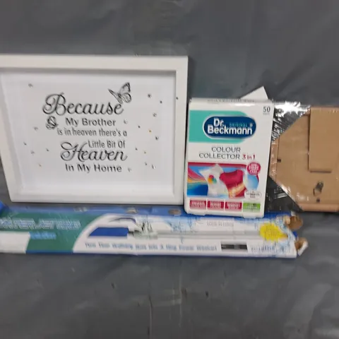 APPROXIMATELY 15 ASSORTED HOUSEHOLD ITEMS TO INCLUDE PICTURE FRAMES, DR BECKMANN COLOUR CORRECTOR, WATER JET HAND, ETC - COLLECTION ONLY