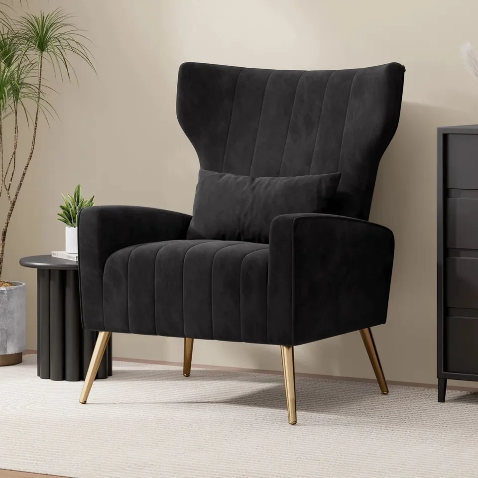 BOXED 52CM WIDE ELEGANT HIGH-BACK ARMCHAIR WITH METAL LEGS IDEAL LOUNGE CHAIR - BLACK