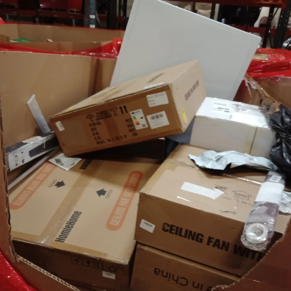 PALLET OF ASSORTED HOUSEHOLD GOODS AND PRODUCTS TO INCLUDE; CEILING FAN, KEYBOARD,ETC