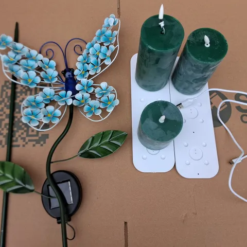 LOT OF 6 ASSORTED HOUSEHOLD ITEMS TO INCLUDE BUG SOLAR LIGHTS AND PRE-LIT CANDLES