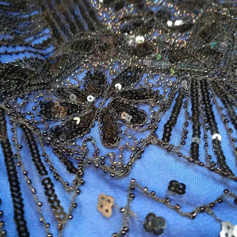 ROROX VIBRANT BLUE/BLACK BEAD SEQUIN DETAILED FLAPPER STYLE DRESS - LARGE