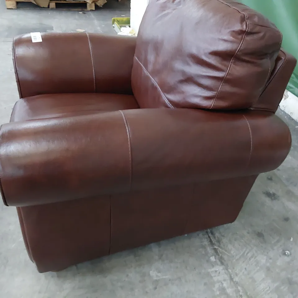 DESIGNER SCROLL ARM EASY CHAIR CHESTNUT LEATHER 