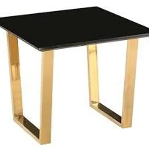 BRAND NEW BOXED ANTIBES GLASS LAMP TABLE - LUXE BLACK HIGH GLOSS TOP WITH GOLD OPENWORK LEGS (2 BOXES)