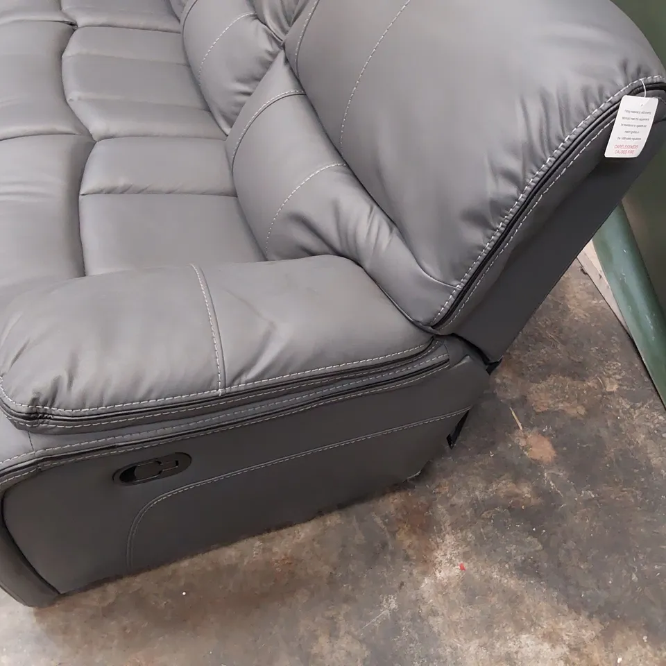 DESIGNER MANUAL RECLINING THREE SEATER SOFA GREY LEATHER BLACK PIPING & FEATURED STITCHING 