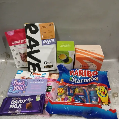 APPROXIMATELY 10 ASSORTED FOOD ITEMS TO INCLUDE - HARIBO STARMIX - CANKY KITTENS VERY CHERRY - RAVE COFFEE - ETC