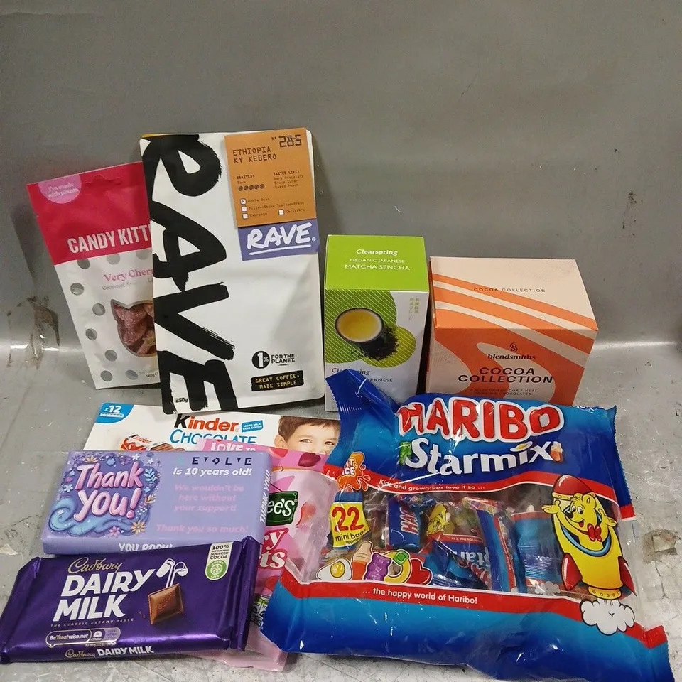 APPROXIMATELY 10 ASSORTED FOOD ITEMS TO INCLUDE - HARIBO STARMIX - CANKY KITTENS VERY CHERRY - RAVE COFFEE - ETC