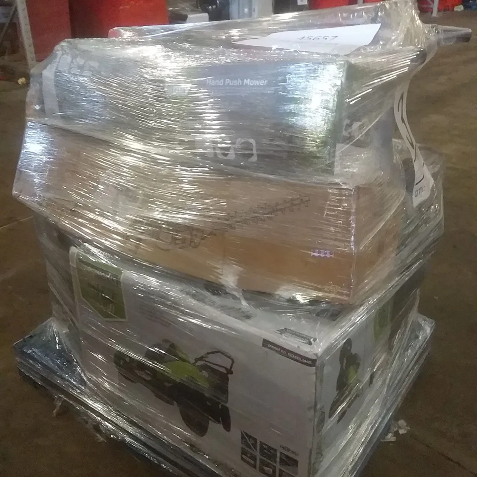 PALLET OF ASSORTED GARDENING EQUIPMENT INCLUDING long reach hedge trimmer, electric pressure washer, battery powered lawn mower, cordless lawm mower 