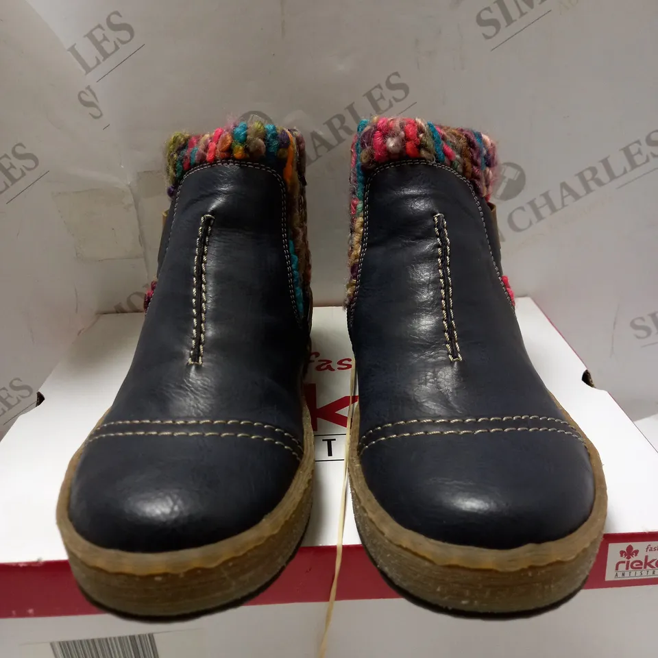RIEKER WOOL LINED ANKLE BOOTS WITH STRAP DETAIL DARK BLUE - UK SIZE 5
