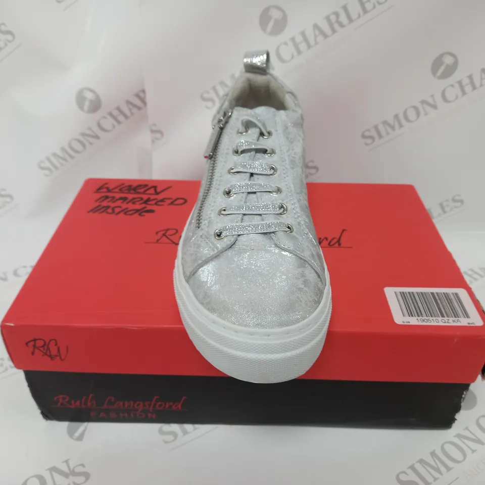 BOXED PAIR OF RUTH LANGSFORD ZIP DETAIL TRAINERS SILVER - SIZE 6