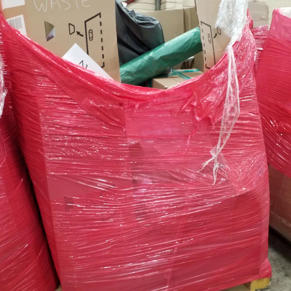 PALLET OF ASSORTED PRODUCTS INCLUDING BAR TABLE, CLOTH HANGING SHELVES, INFLATABLE KAYAK, INFLATABLE SUP BOARD