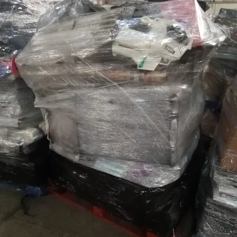 PALLET OF ASSORTED HOUSEHOLD GOODS AND PRODUCTS TO INCLUDE; LEAF BLOWER, CLOTHES HANGERS, WRAPPING PAPER, SUITCASE ETC