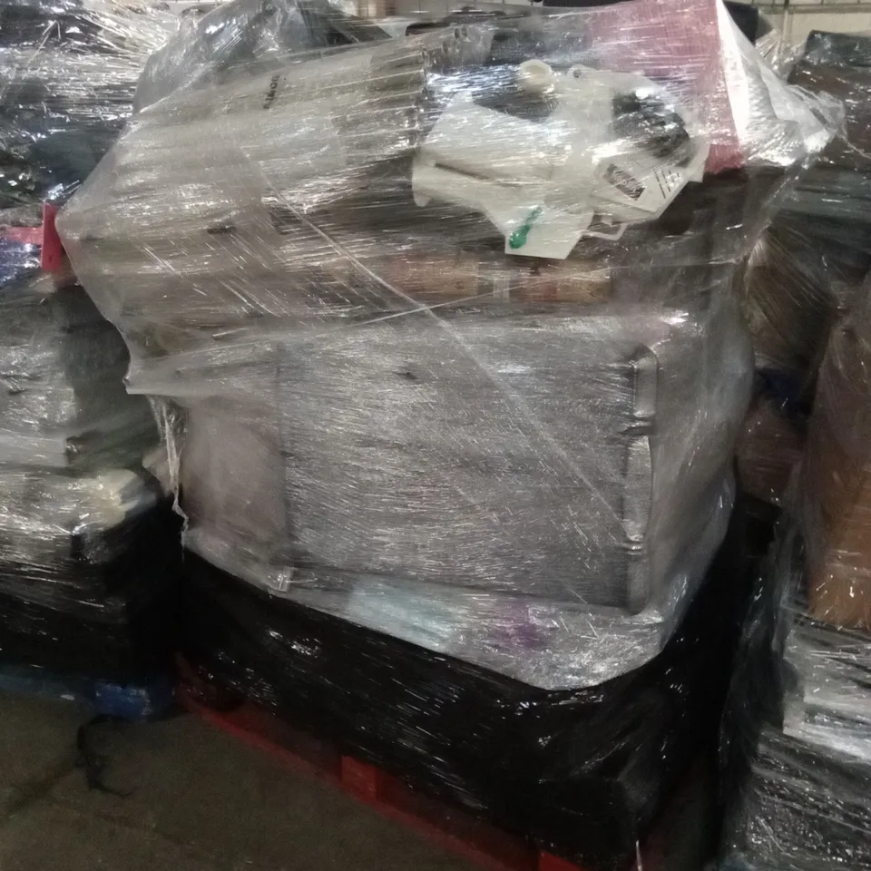 PALLET OF ASSORTED HOUSEHOLD GOODS AND PRODUCTS TO INCLUDE; LEAF BLOWER, CLOTHES HANGERS, WRAPPING PAPER, SUITCASE ETC