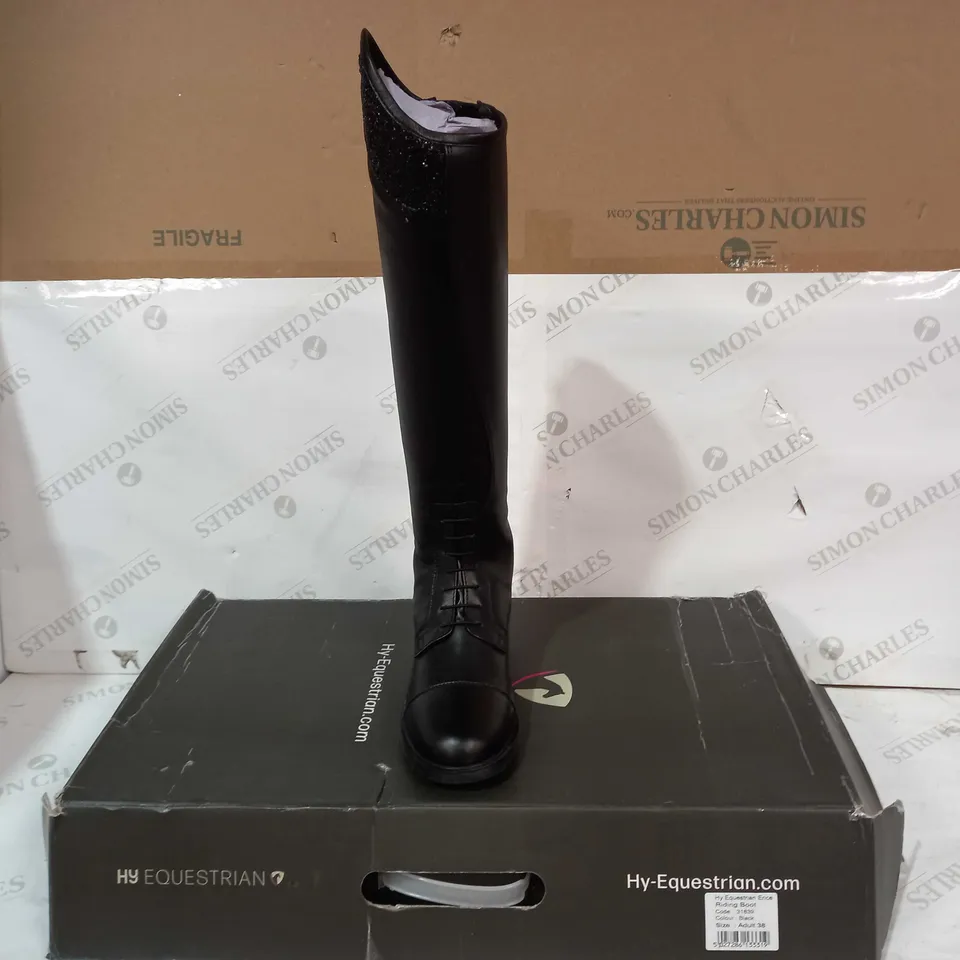 BOXED PAIR OF HY EQUESTRIAN RIDING BOOTS IN BLACK SIZE ADULT 38
