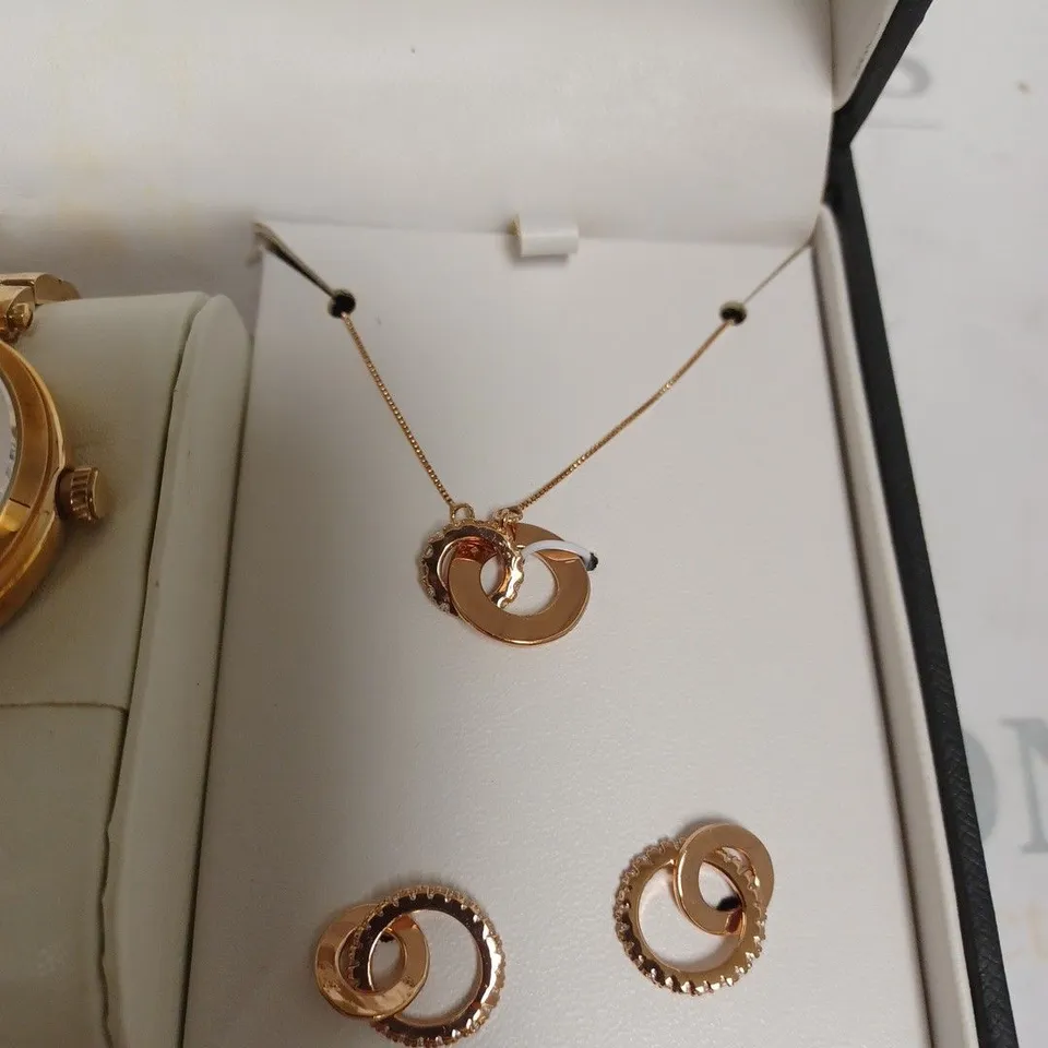BOXED ROTARY LADIES WATCH AND JEWELLERY SET IN ROSE GOLD - WATCH, EARRINGS AND NECKLACE