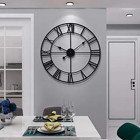 BOXED HAITANG BLACK WALL CLOCK METAL ROUND LARGE ROMAN 60 CM