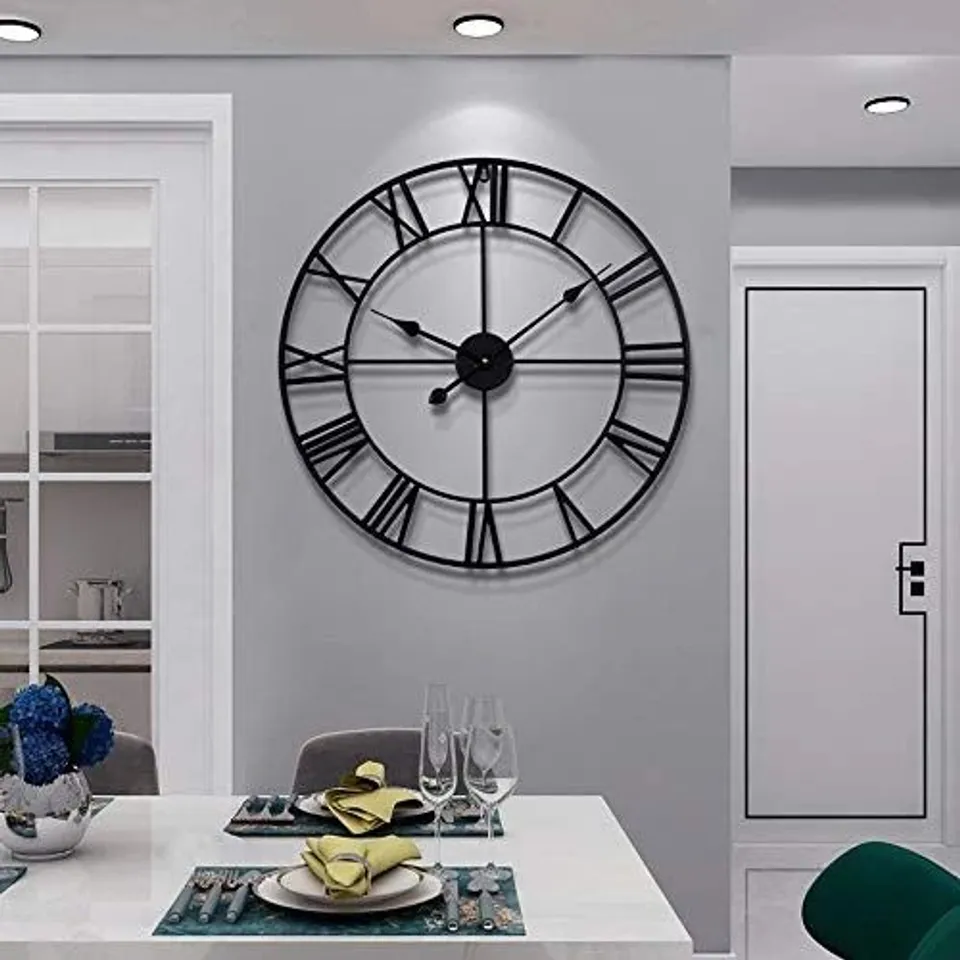 BOXED HAITANG BLACK WALL  CLOCK METAL ROUND LARGE ROMAN 60 CM