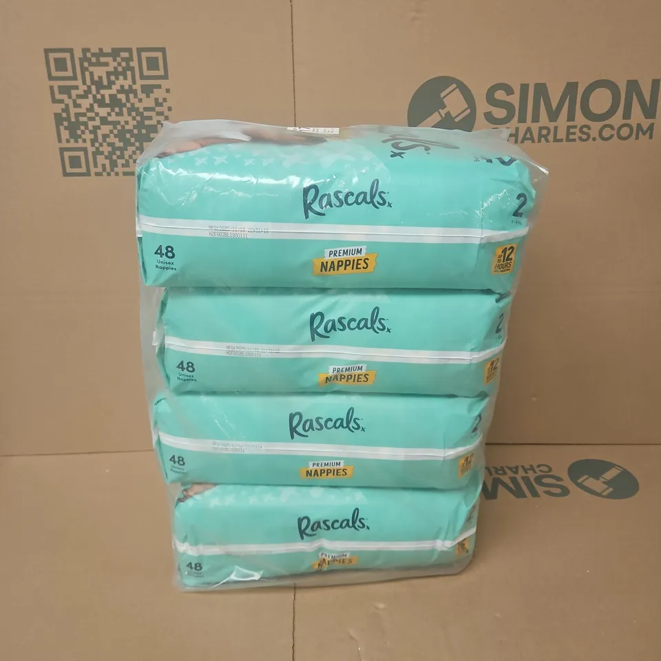 4 PACKS OF RASCALS PREMIUM NAPPIES SIZE 2 4-8KG 48 PACK