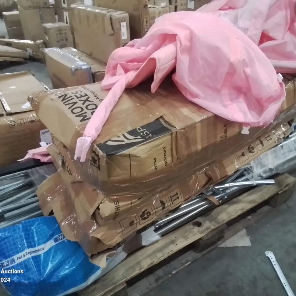 PALLET CONTAINING VARIOUS INCOMPLETE BOXED FURNITURE PARTS AND OTHER HOUSEHOLD ITEMS ETC.