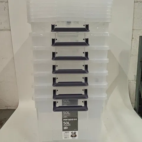LOT OF 7 50L CLEAR PLASTIC STORAGE BOXES WITH LIDS