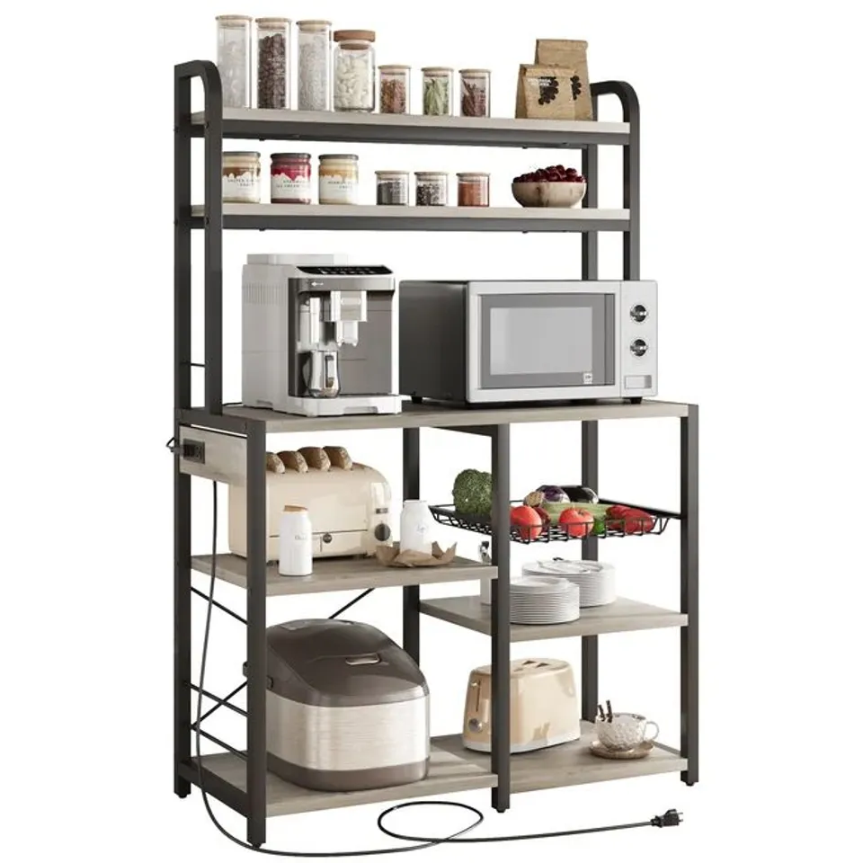 BOXED GARVEE BAKERS RACK WITH POWER OUTLET, COFFEE BAR WITH WIRE DRAWER, MICROWAVE STAND, GREY