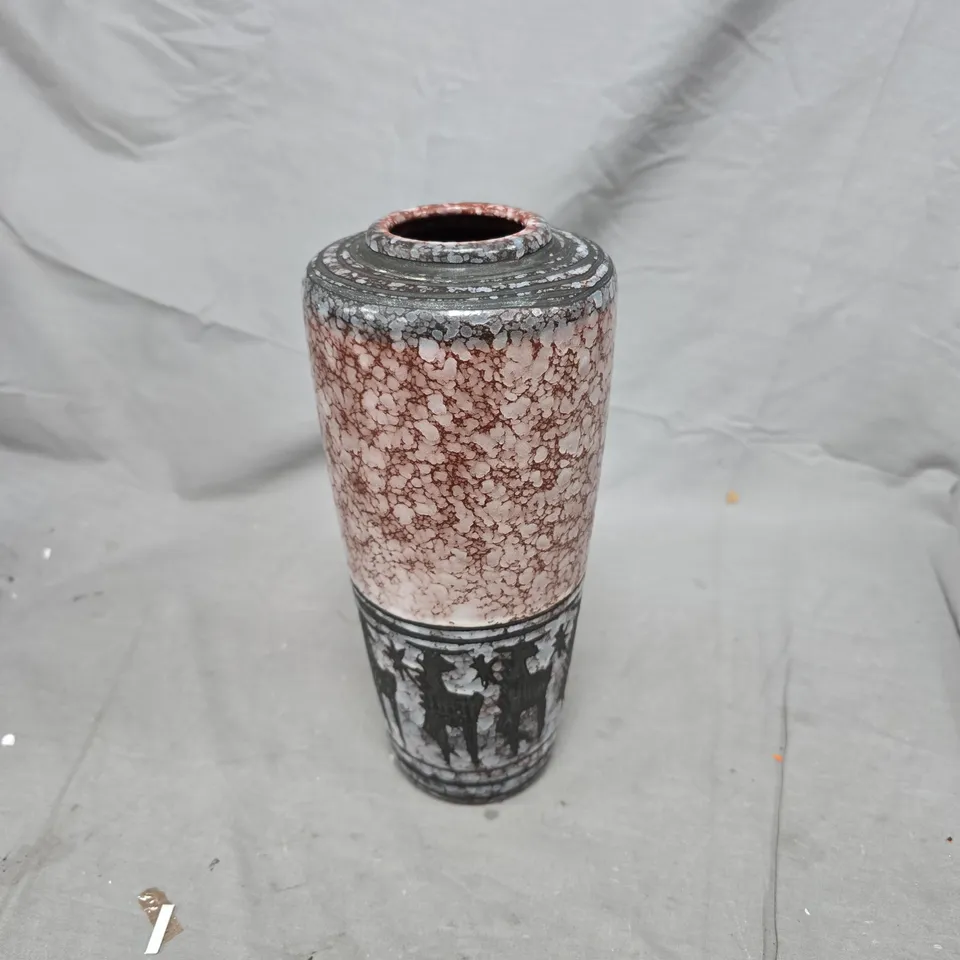 CERAMIC VASE WITH PINK CRACKLE GLAZE AND BLACK BANDING