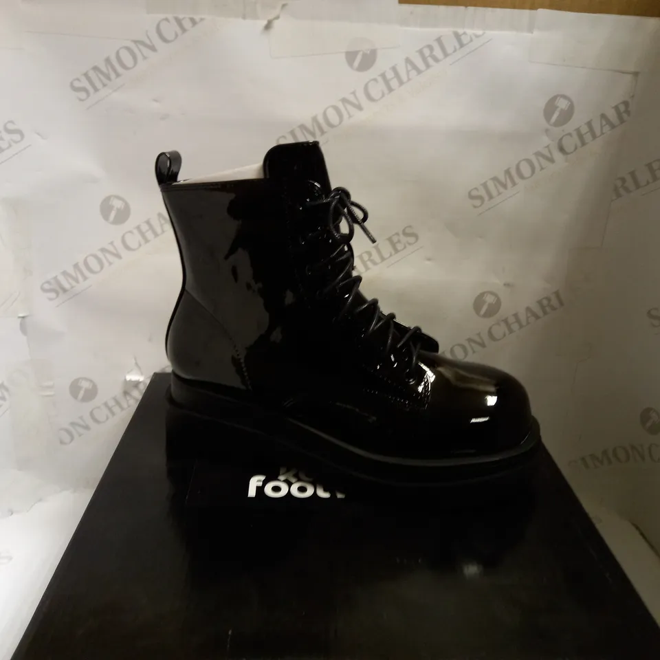 KOI VEGAN MORVEN BLACK PATENT LACE UP BOOTS - SIZE 6