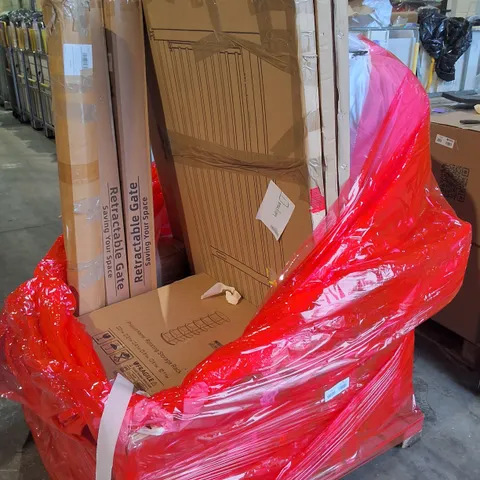 PALLET OF ASSORTED HOUSEHOLD ITEMS TO INCLUDE INFLATABLE, SAFETY GATES AND ROTATING SHELVES