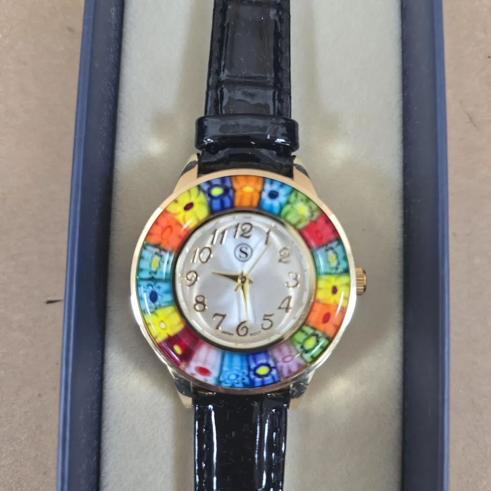 STRADA RAINBOW BEZEL WRISTWATCH WITH BLACK LEATHER STRAP – BOXED