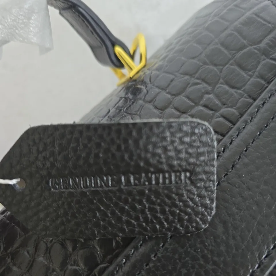 BLACK CROCODILE-EMBOSSED LEATHER HANDBAG WITH GOLD-TONE HARDWARE AND DETACHABLE STRAP
