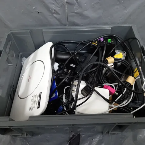 BOX OF ASSORTED HOUSEHOLD ITEMS TO INCLUDE REMOTES, WIFI BOXES AND ASSORTED CABLES