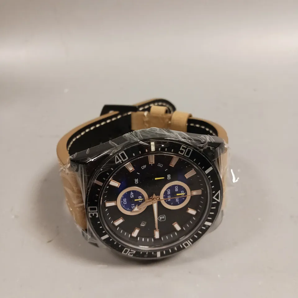 MENS LOUIS LACOMBE WATCH MULTI FUNCTION BLACK DIAL & CASE LEATHER STRAP WATCH 