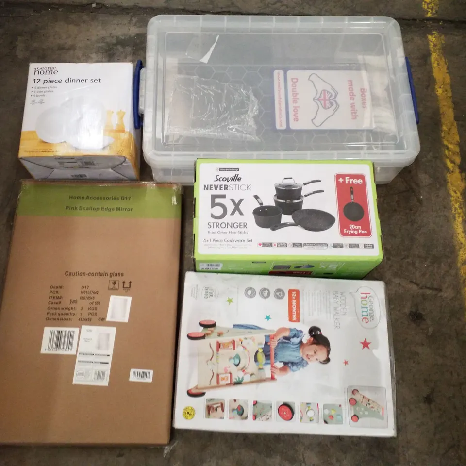 PALLET CONTAINING APPROXIMATELY 39 PRODUCTS INCLUDING SCALLOPED MIRROR, WOODEN BABY WALKER, STORAGE TUB & COOKWARE SET