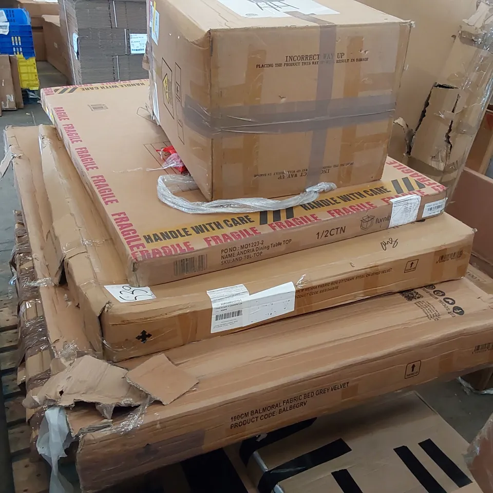 LARGE PALLET OF ASSORTED FURNITURE PARTS AND CONSUMER GOODS