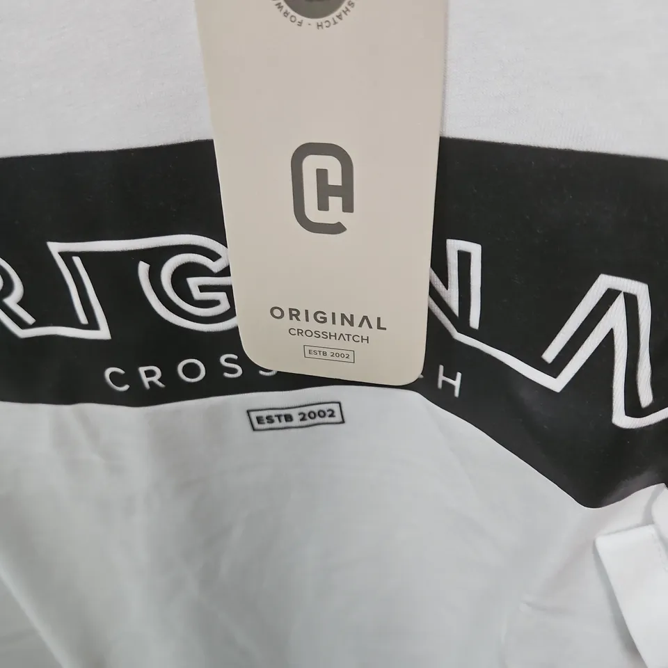 ORIGINAL CROSSHATCH T-SHIRT – WHITE WITH BLACK LOGO BAND, SIZE L