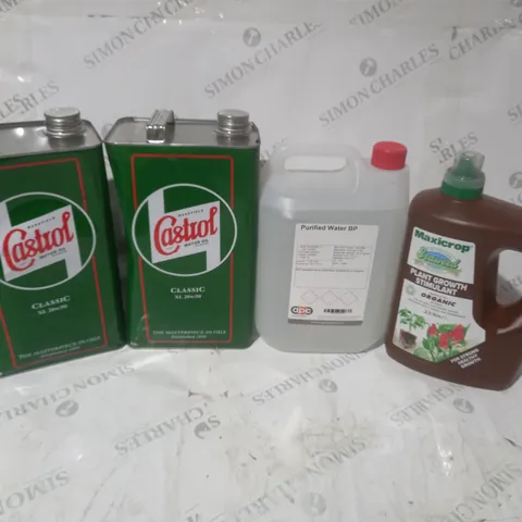 TOTE OF APPROXIMATELY 4 ASSORTED LIQUIDS TO INCLUDE CASTROL, PURIFIED WATER BP AND MAXICROP - COLLECTION ONLY