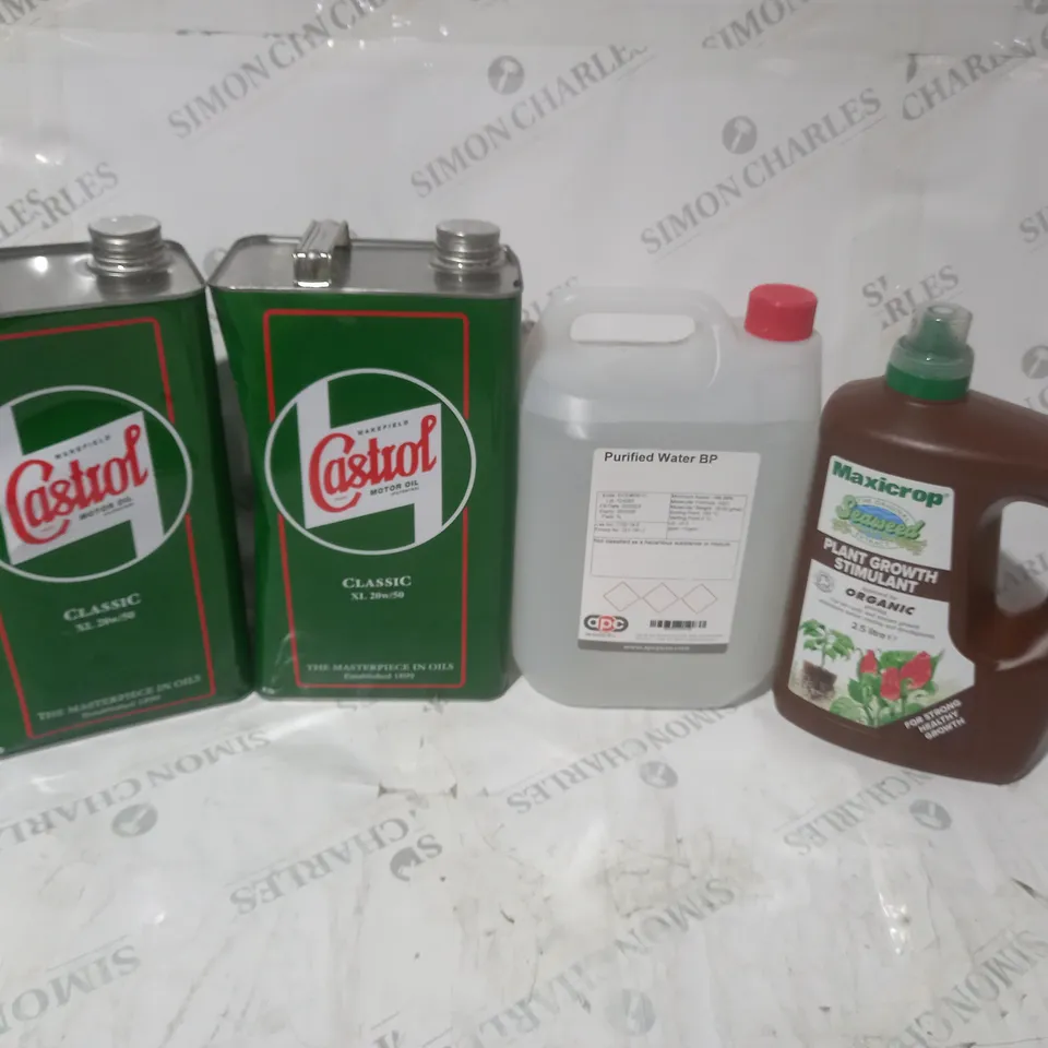 TOTE OF APPROXIMATELY 4 ASSORTED LIQUIDS TO INCLUDE CASTROL, PURIFIED WATER BP AND MAXICROP - COLLECTION  ONLY