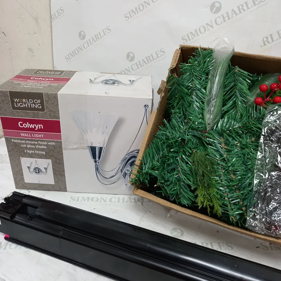 BOX OF APPROXIMATELY 10 ASSORTED ITEMS TO INCLUDE COLWYN WALL LIGHT, TREE DÉCOR, TONER CARTRIDGE ETC