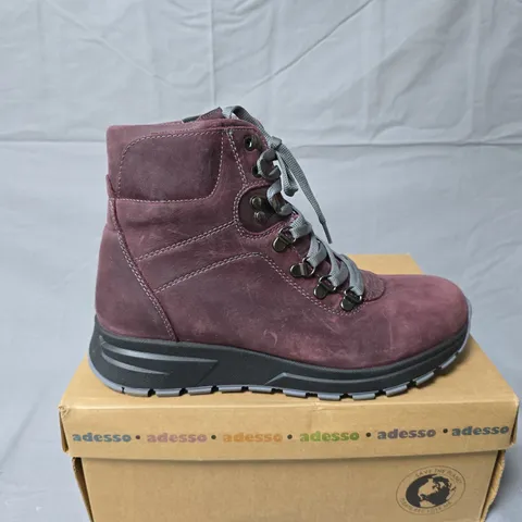 ADESSO BURGUNDY SUEDE BOOTS WITH GREY LACES – HIKING STYLE - SIZE 39 (BOXED)