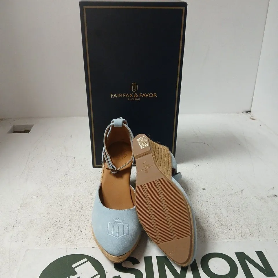 FAIRFAX & FAVOR MONACO WEDGE – SKY BLUE SUEDE, UK 4 (EU 37) (BOXED)