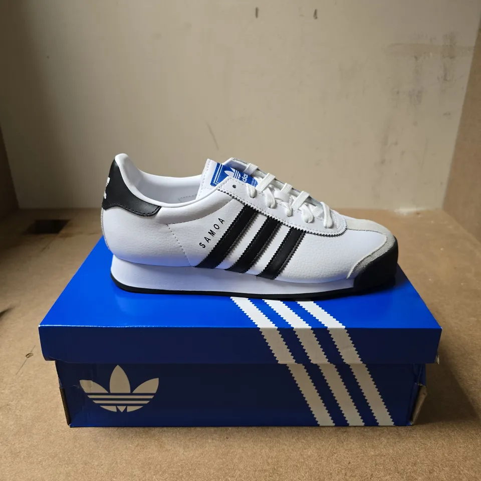 ADIDAS SAMOA SNEAKERS – WHITE LEATHER, BLACK STRIPES, UK 7 