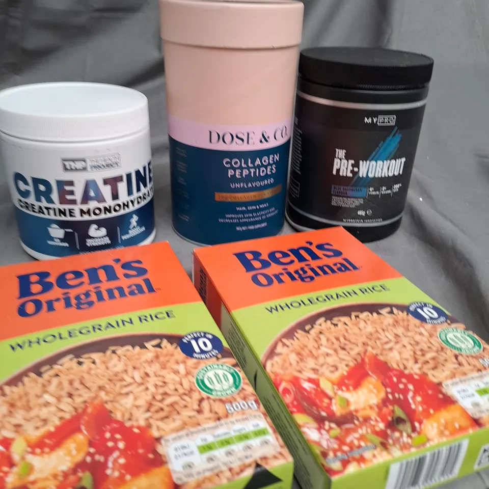 BOX OF APPROXIMATELY 15 ITEMS TO INCLUDE BENS ORIGINAL RICE, COLLAGEN PEPTIDES, PRE-WORKOUT ETC