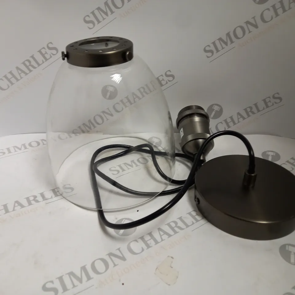 BOXED DAR LIGHTING GROUP PENDANT ANTIQUE CHROME AND GLASS 