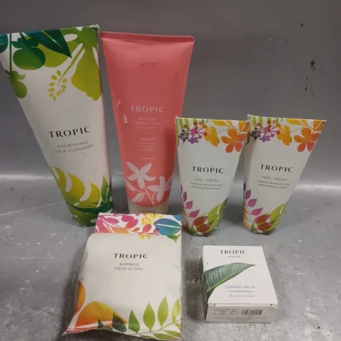 6 ASSORTED TROPIC PRODUCTS TO INCLUDE BAMBOO FACE CLOTH, TAMANU BALM, ETC 