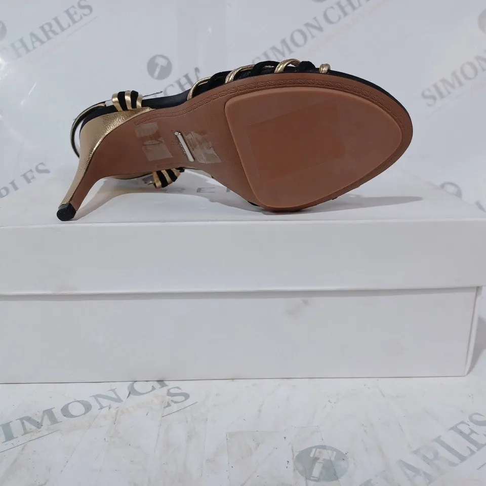 BOXED PAIR OF REISS CASSIDY STRAPPY HEELS IN BLACK/GOLD UK SIZE 4